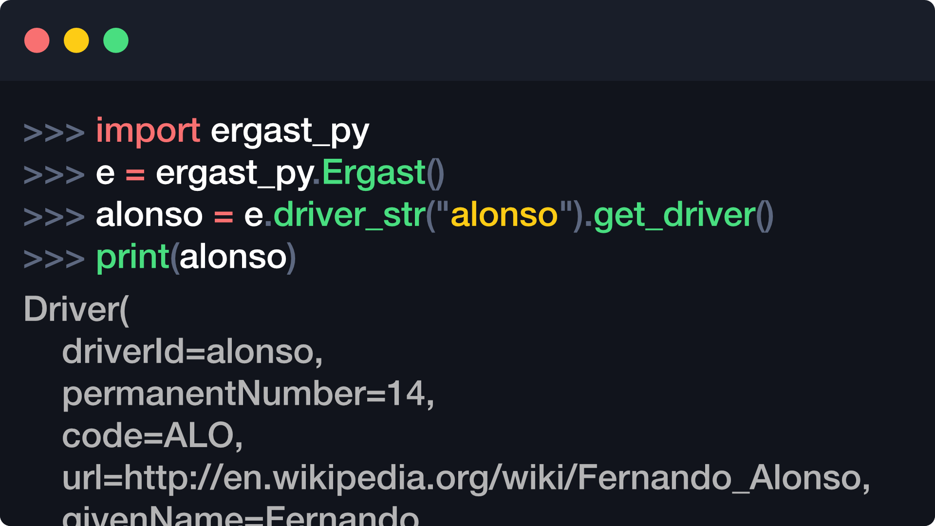 Command prompt example of how to use Ergast